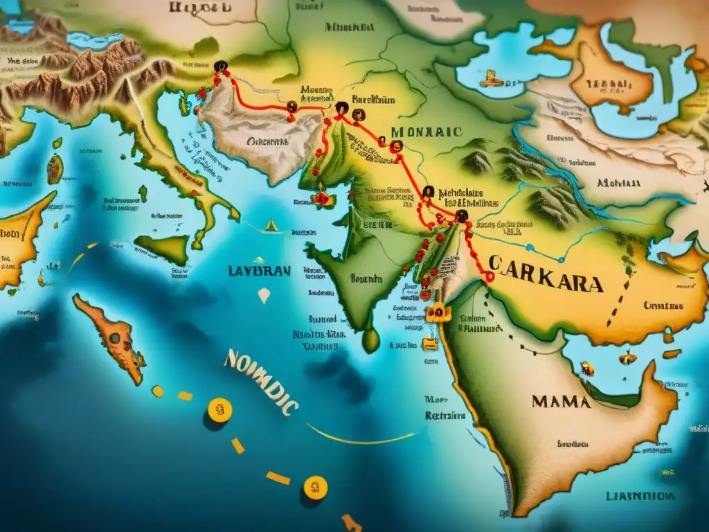 Mapa vintage detallado de la Ruta de la Seda con tribus nómadas, caravanas comerciales y ciudades antiguas, evocando historia y cultura