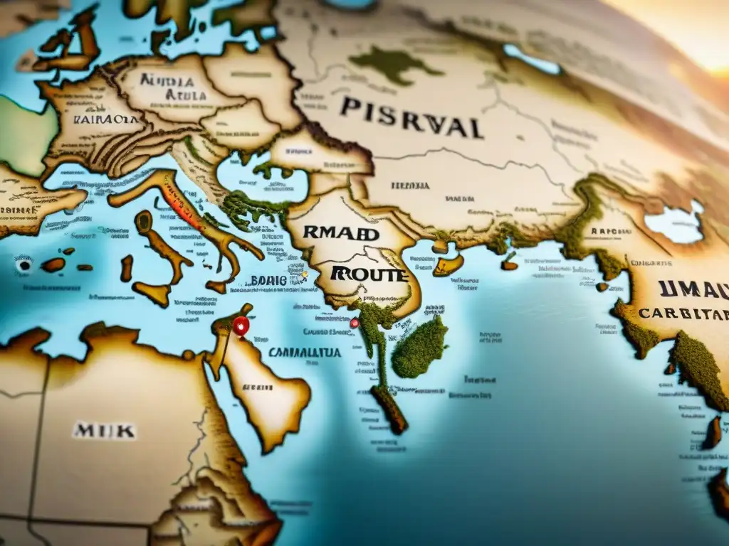 Mapa vintage detallado de la Ruta de la Seda con tonos sepia, caravanas, camellos y paisajes exóticos