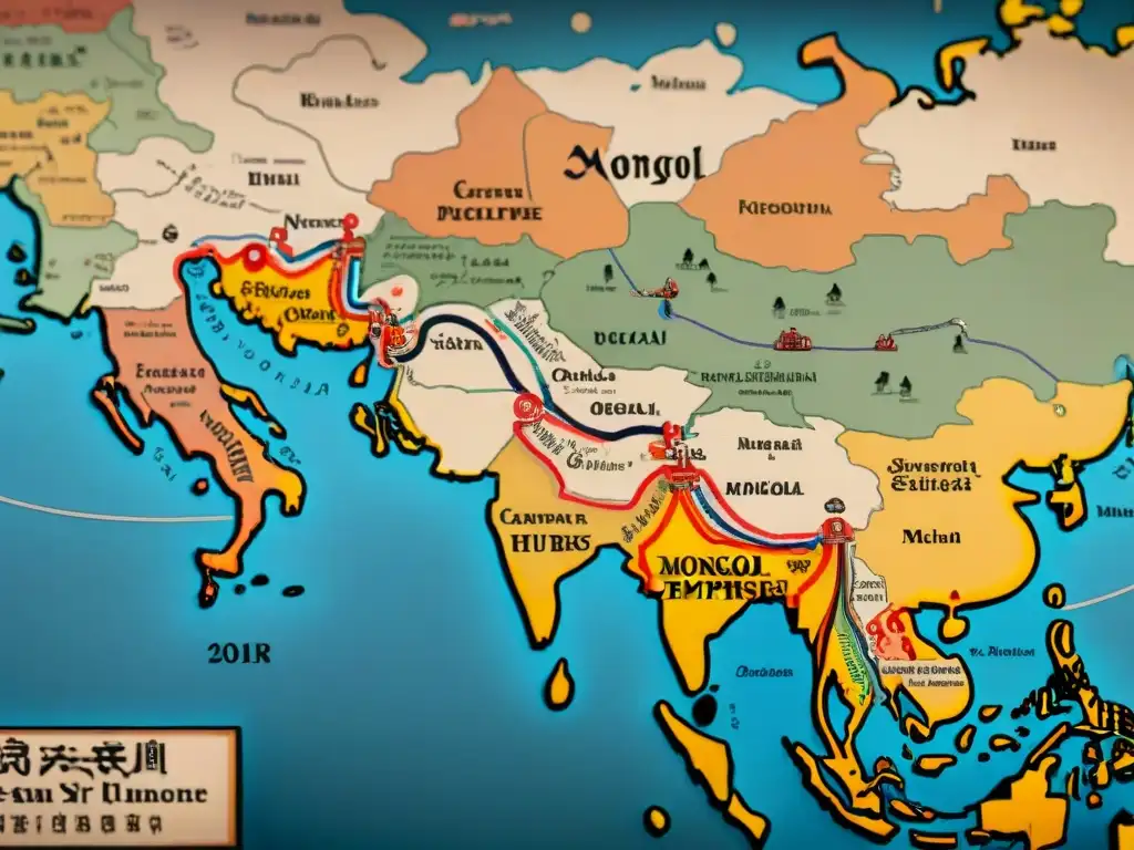 Mapa vintage detallado de rutas comerciales del Imperio Mongol, ilustrando caravanas, mercaderes nómadas y bienes exóticos