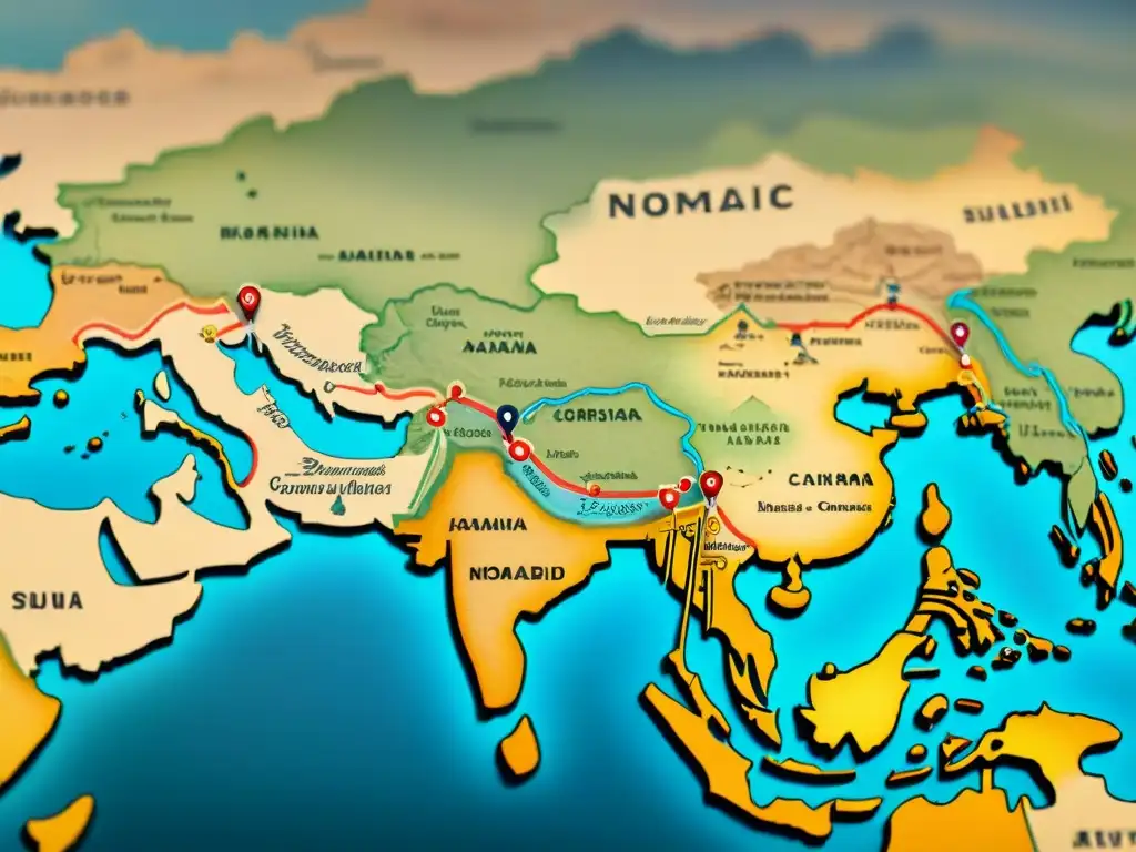 Mapa vintage detallado de rutas comerciales de dinastías nómadas, con ilustraciones de caravanas, mercados y bienes exóticos en la Ruta de la Seda