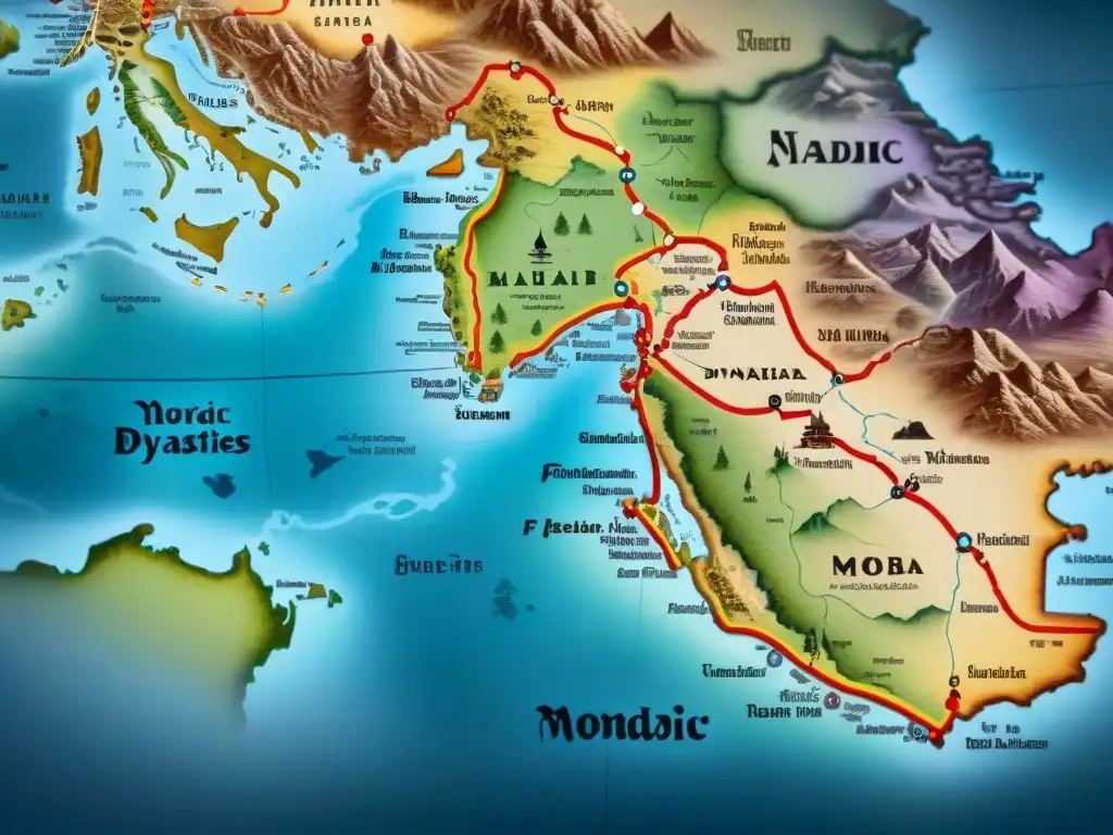 Mapa vintage detallado de rutas migratorias de dinastías nómadas, con ciudades clave y rutas comerciales