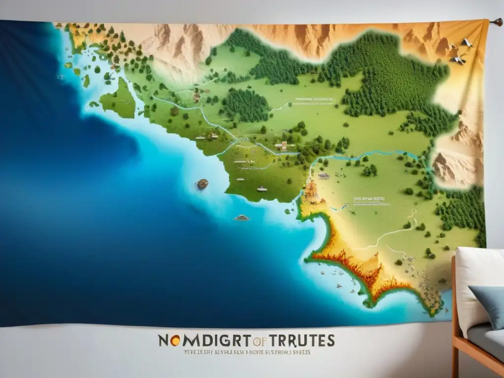 Un mapa vintage detallado de rutas migratorias de tribus nómadas, con símbolos culturales vibrantes fusionados en intercambios a lo largo de sus viajes