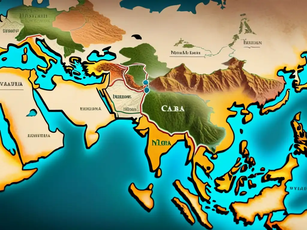 Mapa vintage detallado de rutas nómadas y estrategias de administración de recursos en la Ruta de la Seda
