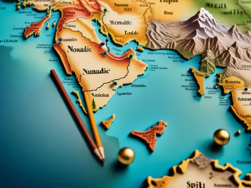 Mapa vintage detallado de rutas comerciales de tribus nómadas en tonos sepia, resaltando su papel en el comercio antiguo