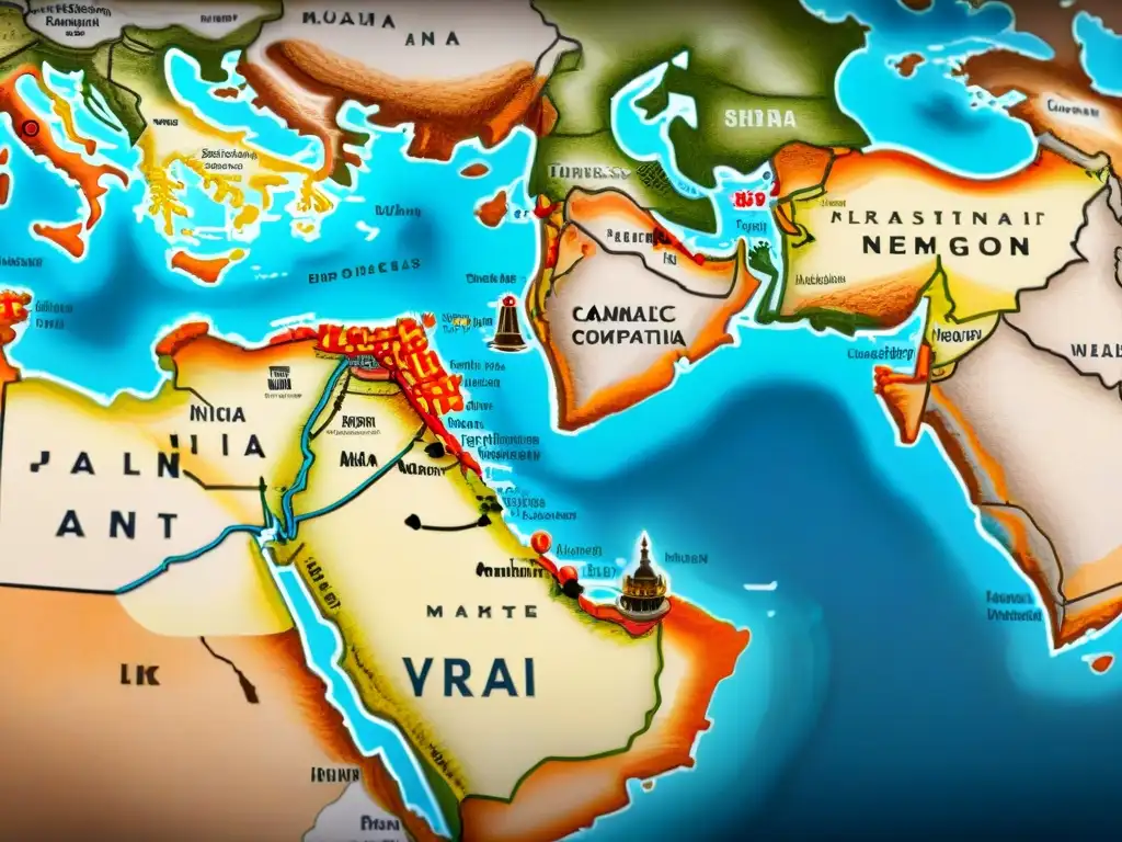 Mapa vintage detallado del Medio Oriente con rutas comerciales antiguas y puntos de intercambio cultural