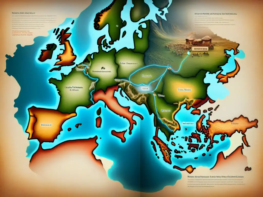 Mapa vintage detallado de rutas migratorias de tribus nómadas, mostrando cooperación y conflicto entre culturas en tonos terrosos