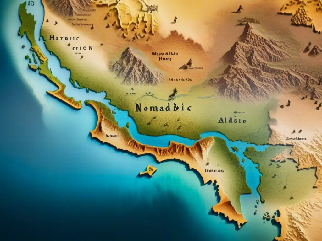 Mapa vintage detallado de rutas de tribus nómadas en estepas, con historia genética y misterio