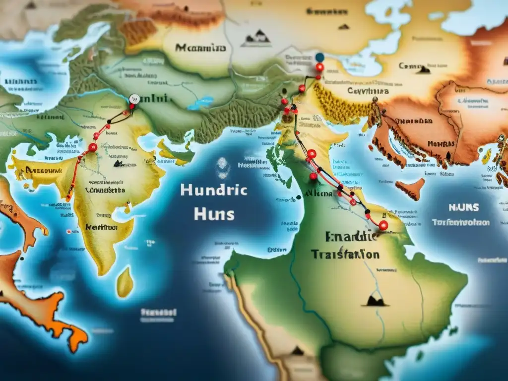 Mapa vintage detallado de rutas comerciales de los Hunos, con ciudades clave y tribus nómadas, en tonos terrosos
