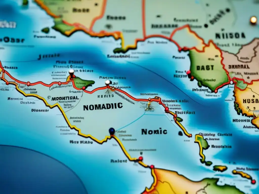 Mapa vintage detallado de rutas de migración de tribus nómadas, con tonos terrosos, tiendas tradicionales y símbolos culturales