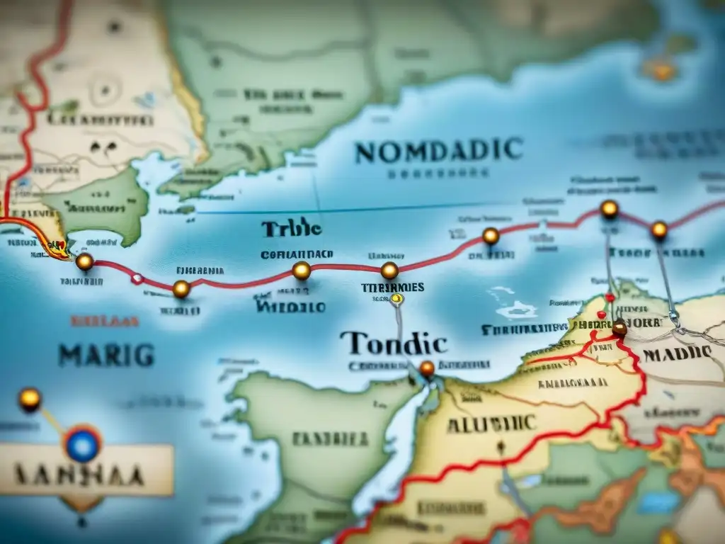 Mapa vintage detallado de rutas migratorias de tribus nómadas, culturas y paisajes, evocando historia y exploración