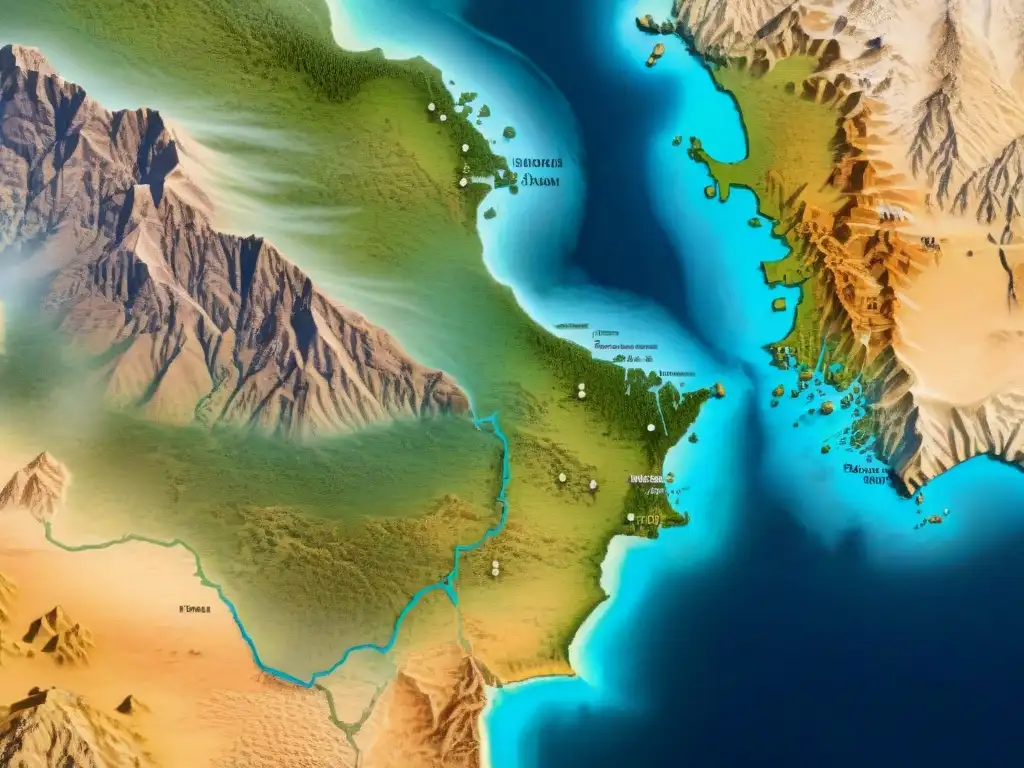 Mapa vintage detallado de rutas nómadas en desiertos y montañas, con tribus a caballo y caravanas de camellos bajo un cielo estrellado