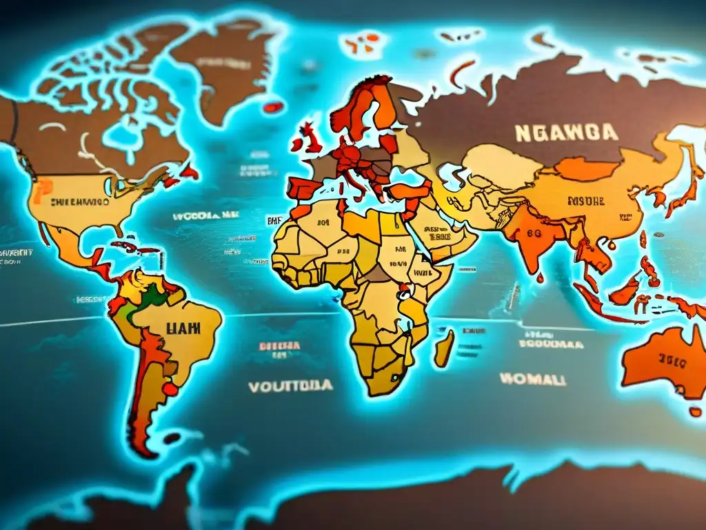 Mapa vintage detallado con rutas y destinos, brújulas antiguas y caligrafía en varios idiomas