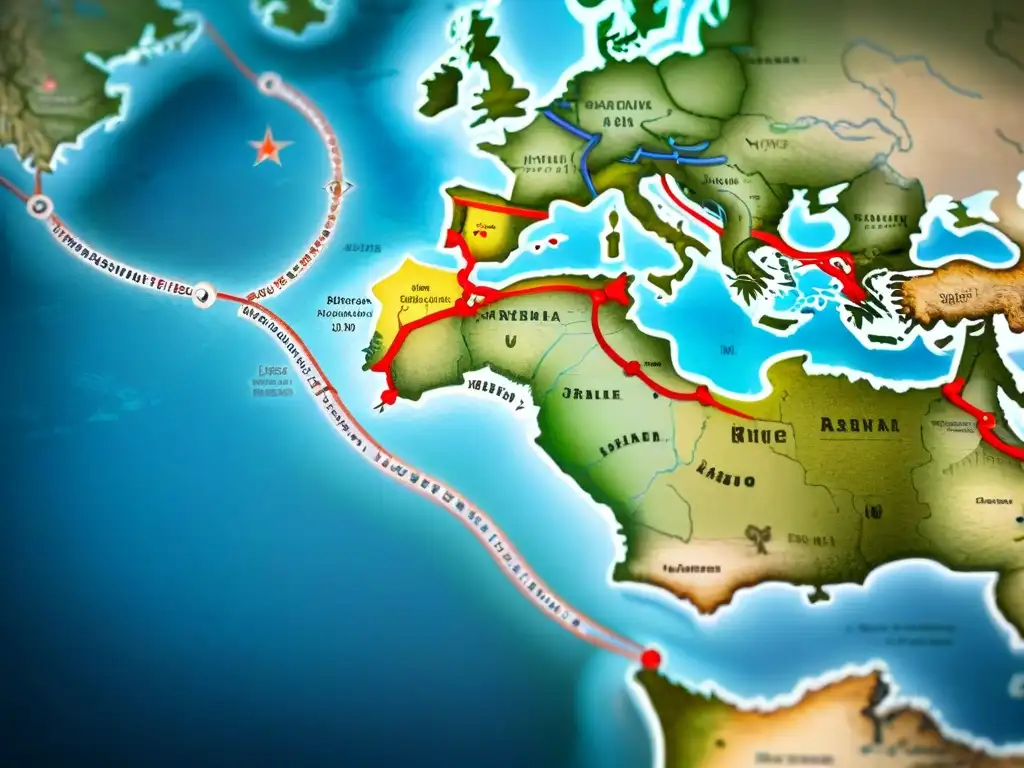 Mapa vintage detallado mostrando rutas de tribus nómadas, símbolos de influencia global y diplomacia