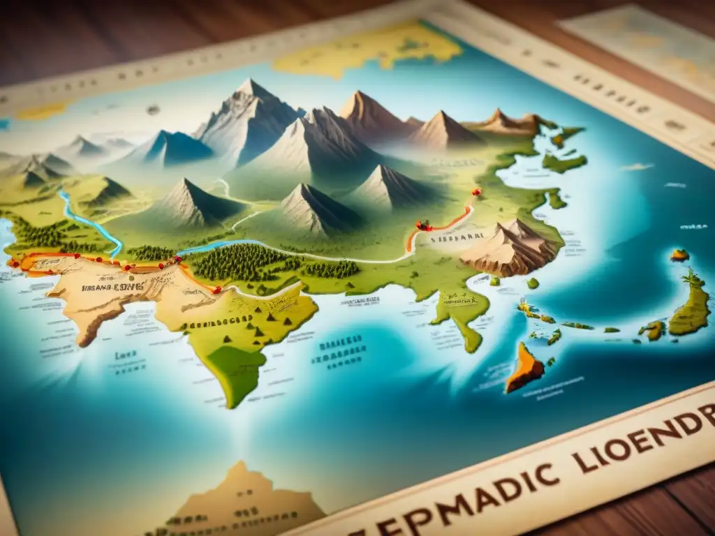 Mapa vintage detallado de rutas y territorios nómadas, destacando la planificación estratégica de líderes nómadas en tonos terrosos