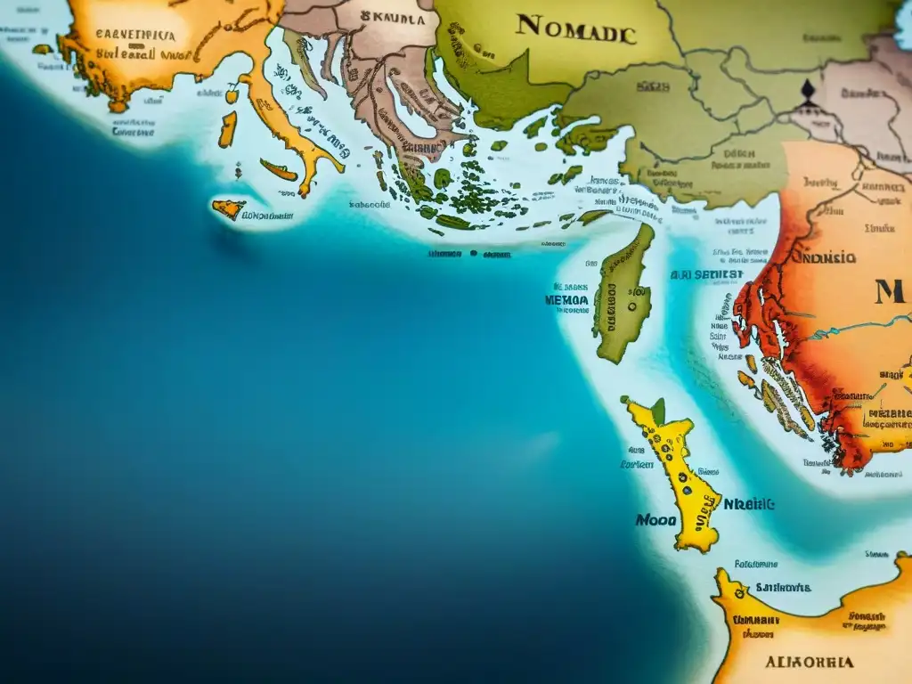 Mapa vintage detallado de rutas nómadas, con tonos terrosos y bordes desgastados, simbolizando la historia y la Diplomacia en tribus nómadas