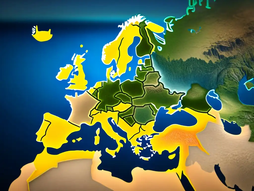 Mapa vintage detallado de Europa con rutas migratorias de las tribus ávaras y sus artefactos culturales