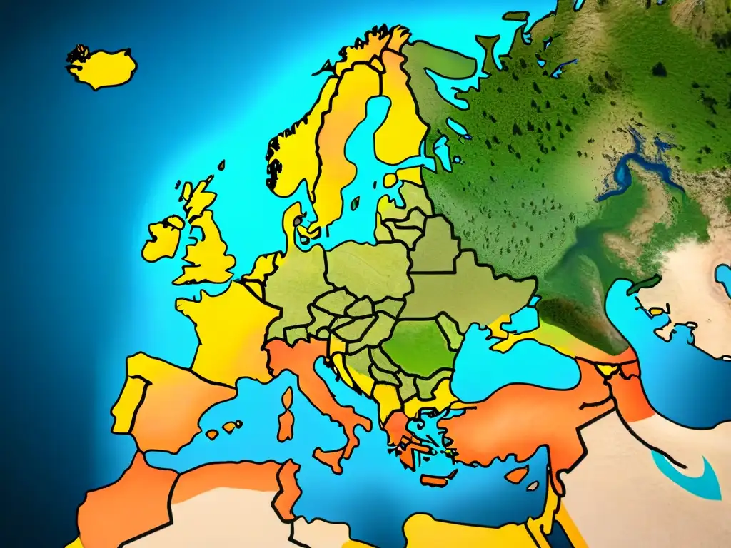 Mapa vintage detallado de Europa con las rutas migratorias de los Ávaros y su legado cultural en las regiones