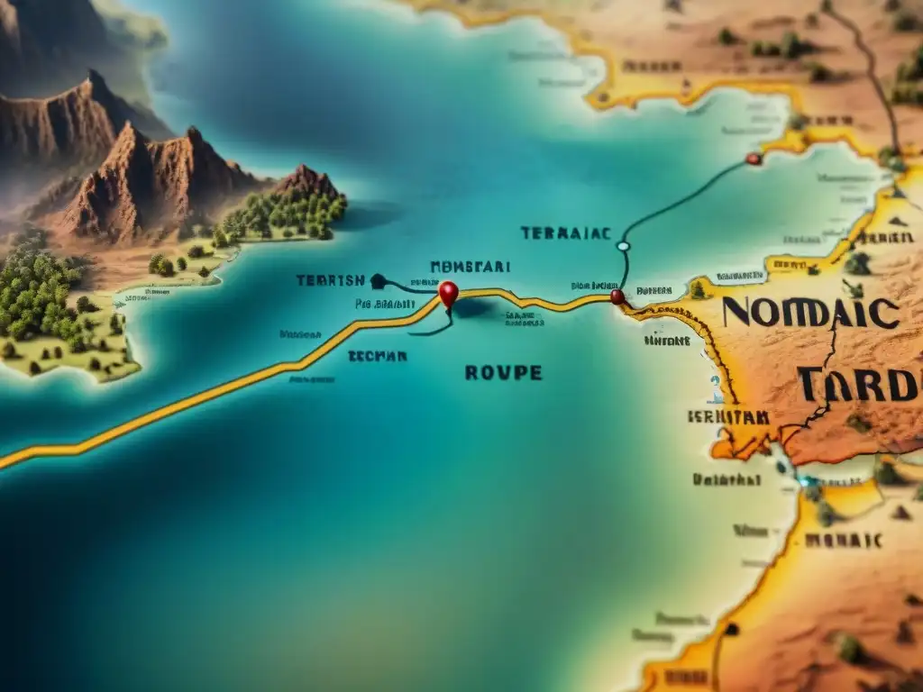 Mapa vintage detallado con rutas y pasajes secretos en paisajes desérticos, marcados con símbolos de tribus nómadas