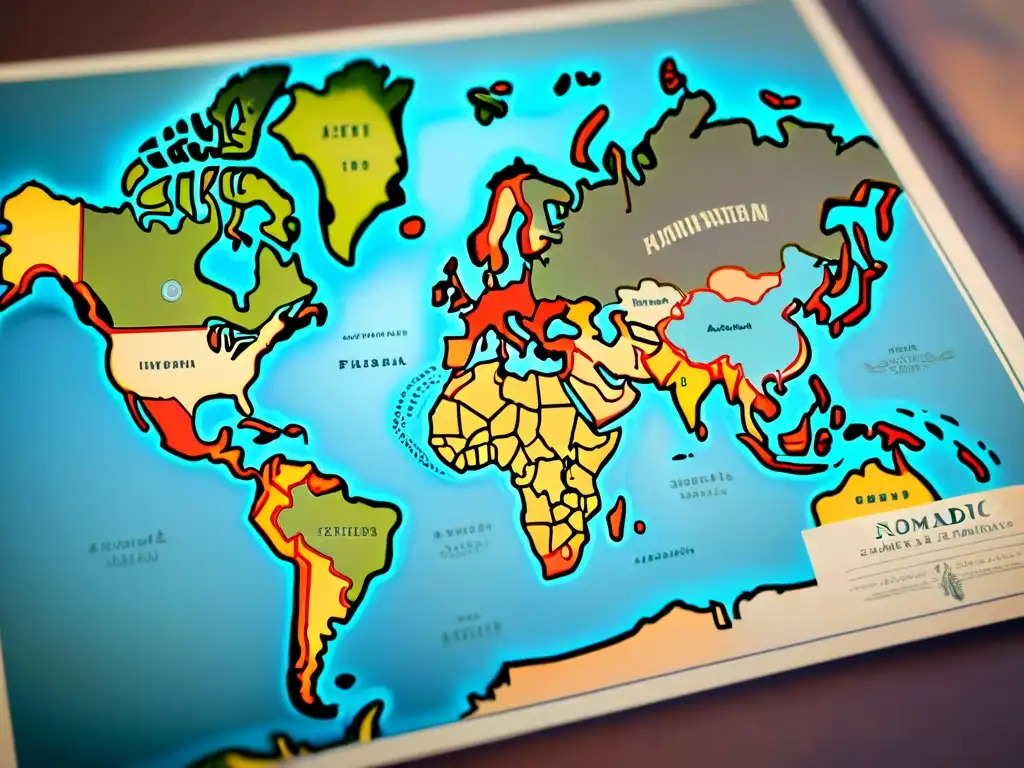 Mapa vintage detallado de rutas de migración de tribus nómadas, marcando intercambios culturales