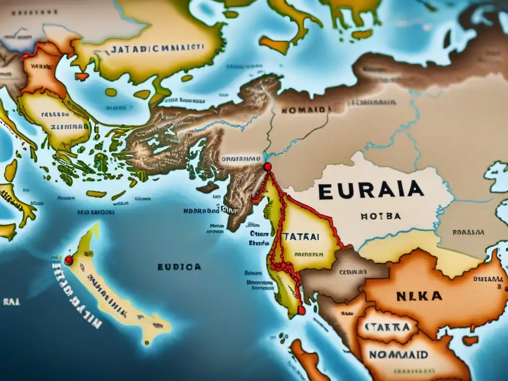 Mapa vintage detallado de Eurasia con rutas migratorias y territorios de las tribus nómadas tártaras en la historia geopolítica