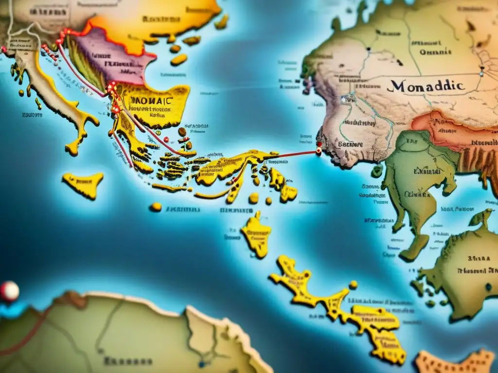 Mapa vintage detallado en 8K con rutas de migraciones nómadas, misterios por resolver