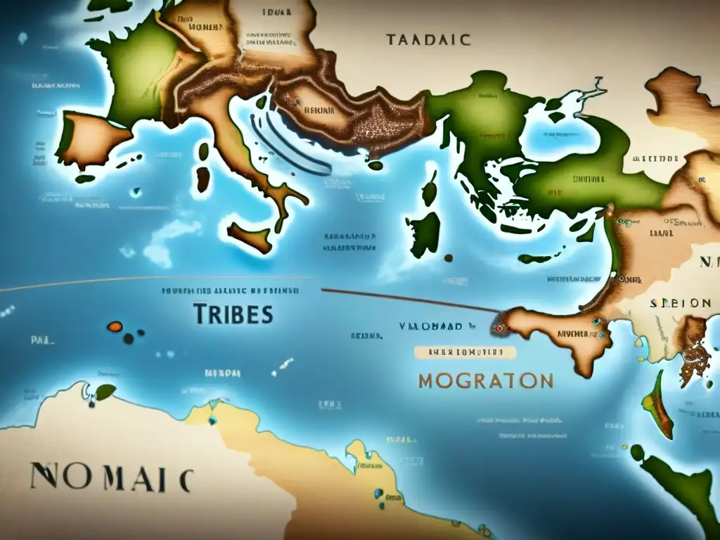 Mapa vintage detallado de rutas migratorias y territorios de tribus nómadas, con campamentos tribales e ilustraciones de rutas comerciales