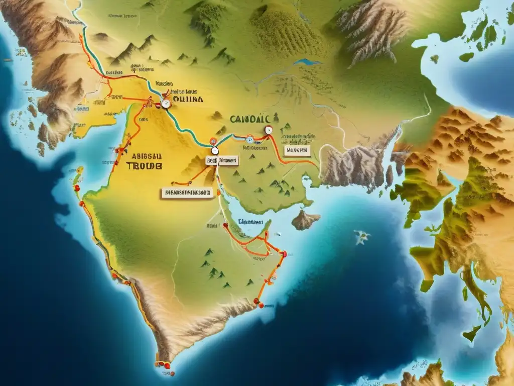 Mapa vintage detallado con rutas de tribus nómadas, símbolos tribales y legado lingüístico en paisajes vastos