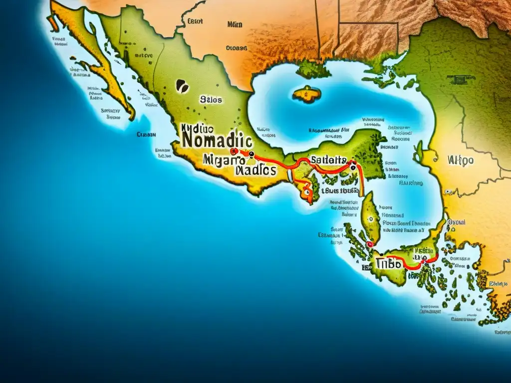 Mapa vintage detallado con rutas tribus nómadas y caligrafía histórica