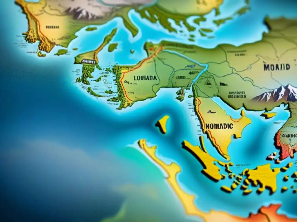 Mapa vintage detallado de rutas migratorias de tribus nómadas, con símbolos culturales y artefactos antiguos, evocando historia y legado de culturas