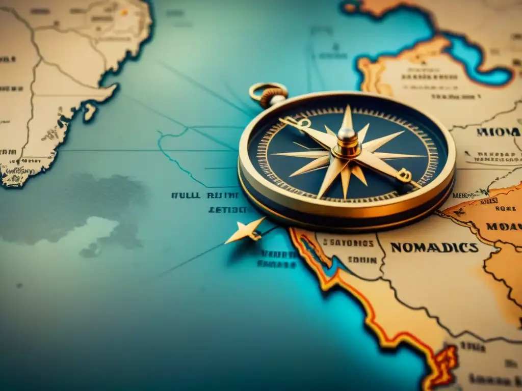 Mapa vintage de rutas nómadas: historia y resiliencia Mapa vintage detallado de rutas de migración de tribus nómadas con adaptaciones culturales y asentamientos temporales