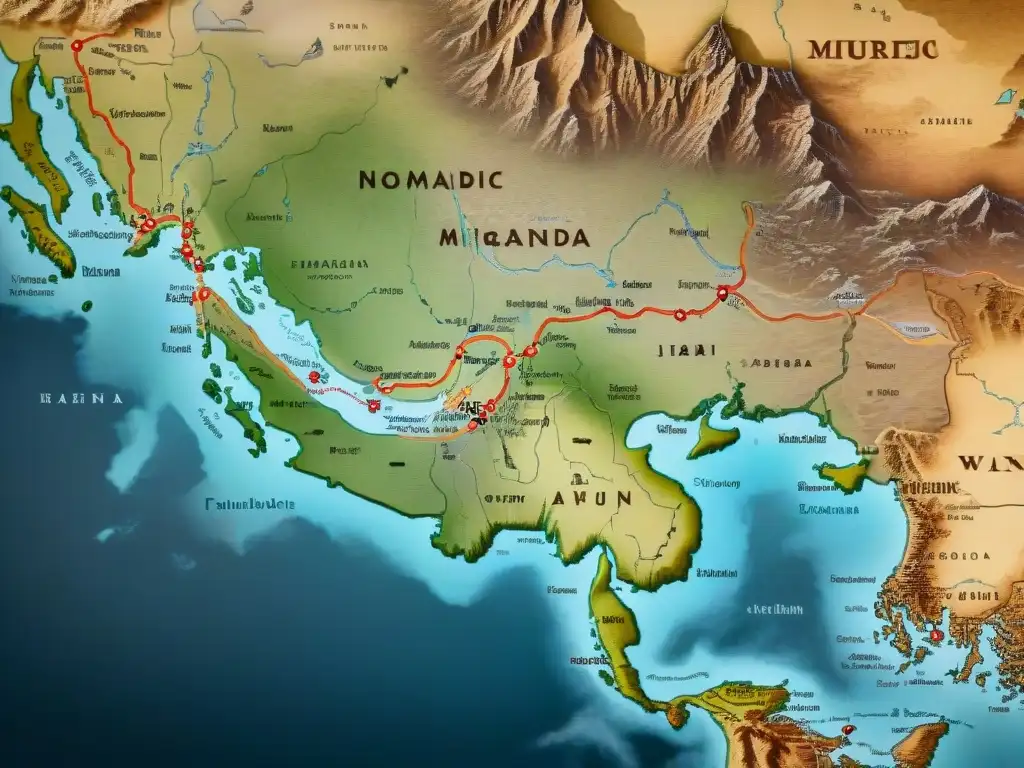 Mapa vintage detallado de rutas migratorias de tribus nómadas, evocando la protección de tribus nómadas históricas