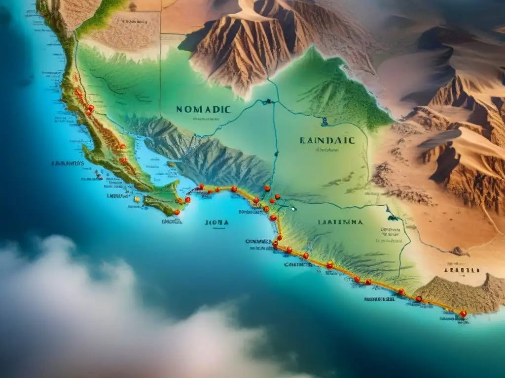 Mapa vintage detallado de rutas de tribus nómadas en desiertos, destacando su resistencia al cambio climático