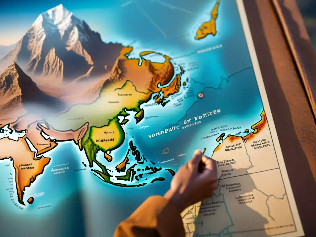 Mapa vintage detallado de rutas nómadas antiguas, con símbolos intrincados y líneas punteadas en terreno agreste, evocando aventura y descubrimiento