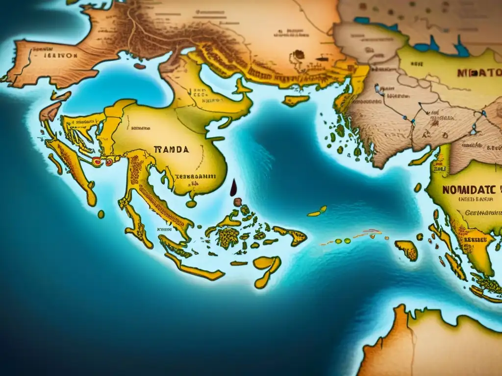 Mapa vintage detallado de rutas migratorias de tribus nómadas y civilizaciones sedentarias, preservación identidades tribus nómadas sedentarias