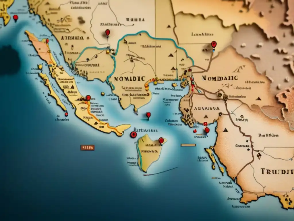 Mapa vintage detallado de rutas migratorias de tribus nómadas con símbolos tradicionales, mostrando historia, cultura y legado