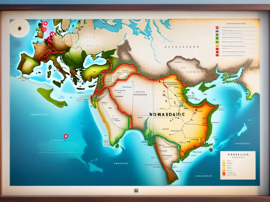 Mapa vintage detallado de rutas migratorias de tribus nómadas, marcado con lenguajes