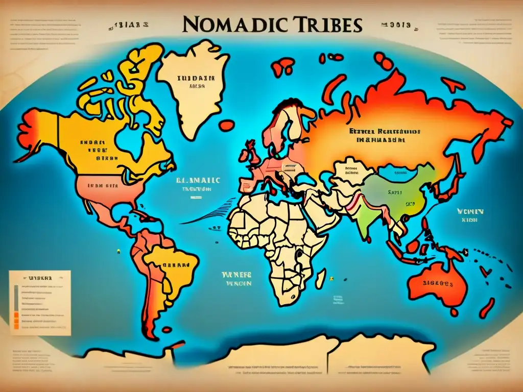 Mapa vintage detallado de rutas comerciales de tribus nómadas, resaltando intercambios lingüísticos y dispersión de palabras