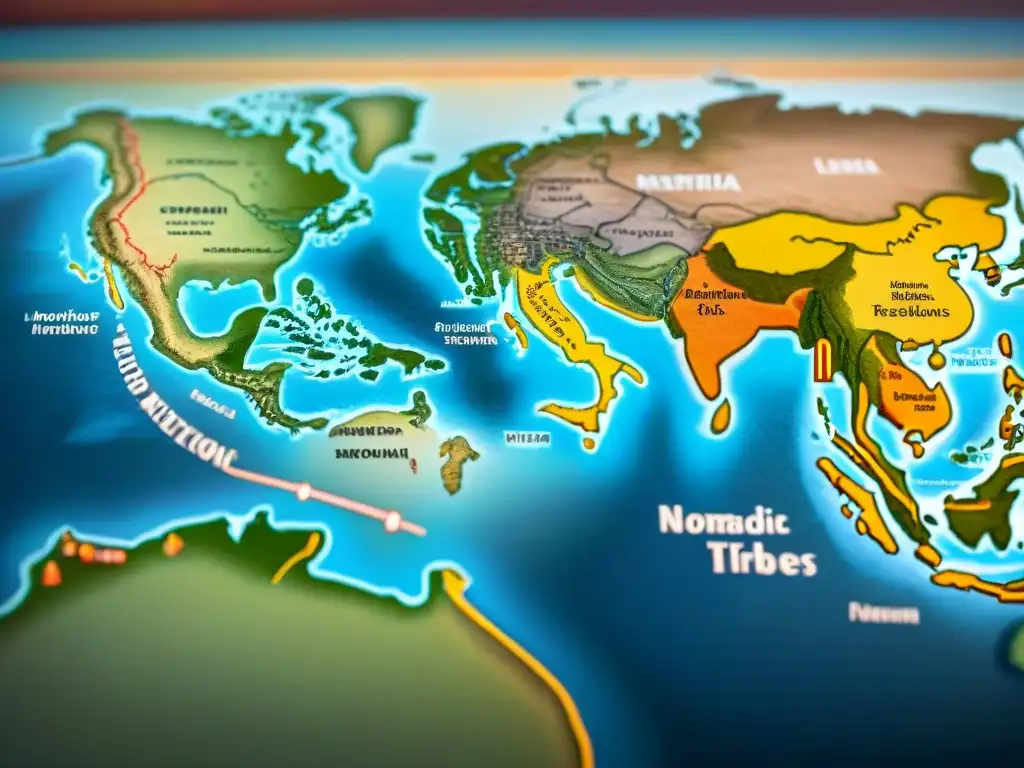 Mapa vintage detallado de rutas de migración de tribus nómadas y rutas comerciales de civilizaciones sedentarias, fusionando legados lingüísticos