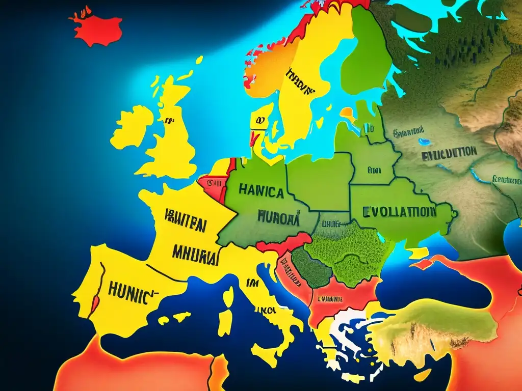 Mapa vintage detallado con rutas migratorias de los Hunos y evolución lingüística en Europa, destacando legado lingüístico tribus nómadas sedentarios