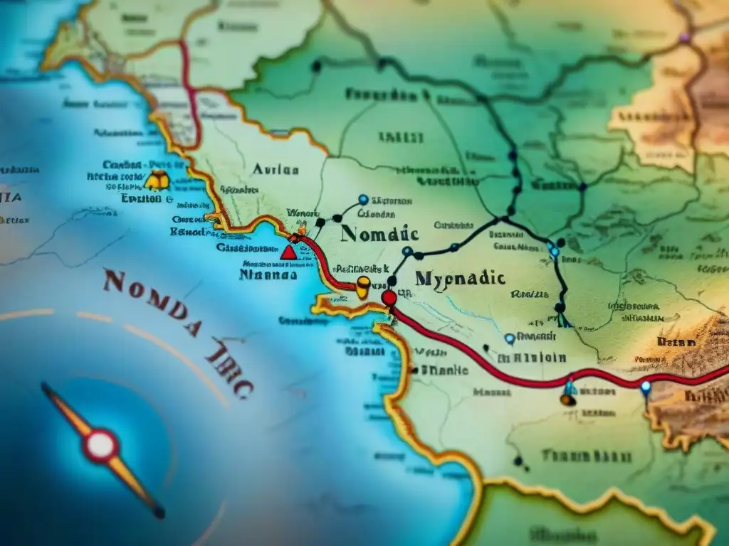 Mapa vintage detallado de rutas de tribus nómadas con símbolos coloridos de campamentos y senderos