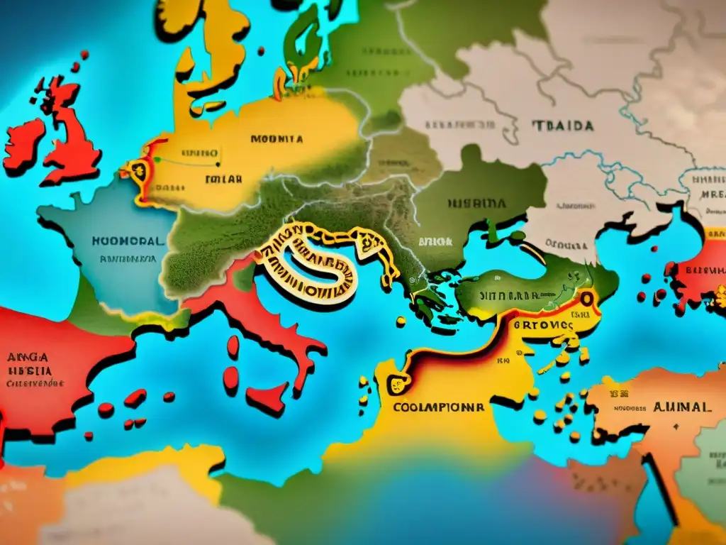 Mapa vintage detallado de rutas comerciales en las estepas eurasiáticas, con símbolos de tribus nómadas