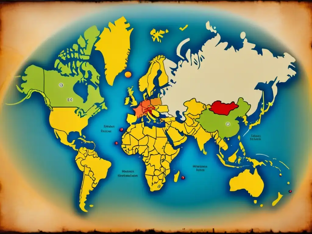 Mapa vintage detallado de rutas migratorias de tribus nómadas, linajes genéticos representados en colores vibrantes y marcas elaboradas