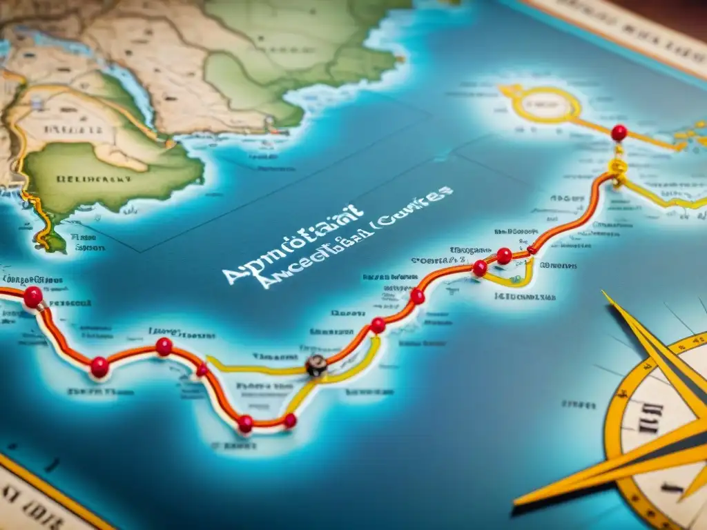 Un mapa vintage detallado que muestra rutas comerciales antiguas y conexiones genéticas en culturas antiguas