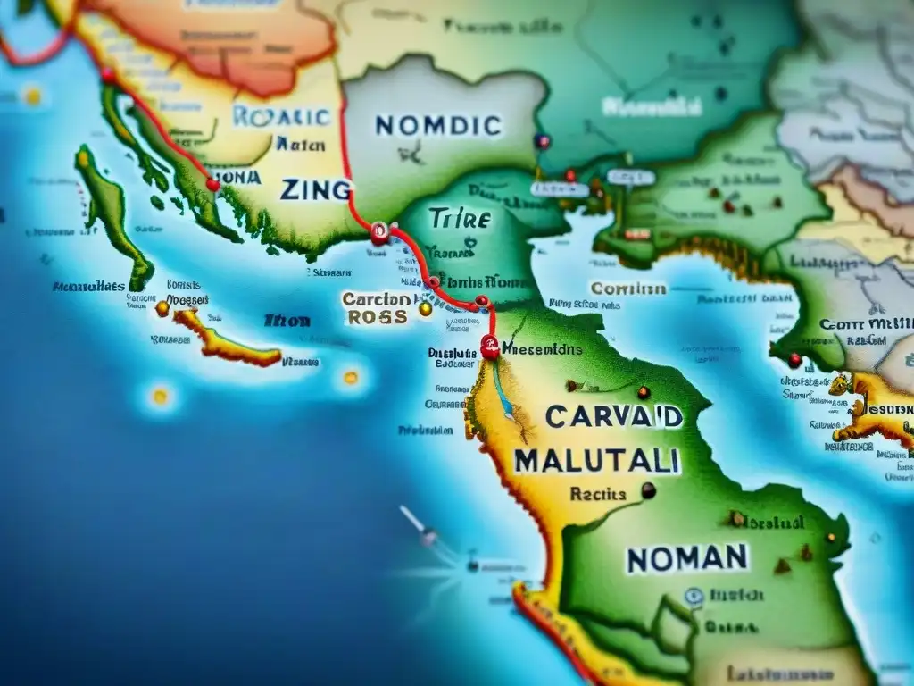 Mapa vintage detallado de rutas comerciales nómadas y recursos, con caravanas y mercados bulliciosos