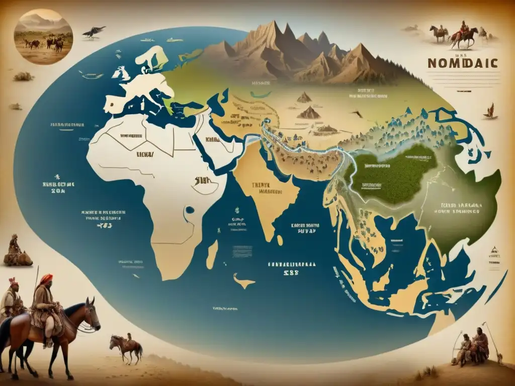 Mapa vintage detallado de las rutas de migración de tribus nómadas antiguas, revelando orígenes tribus nómadas arqueogenética