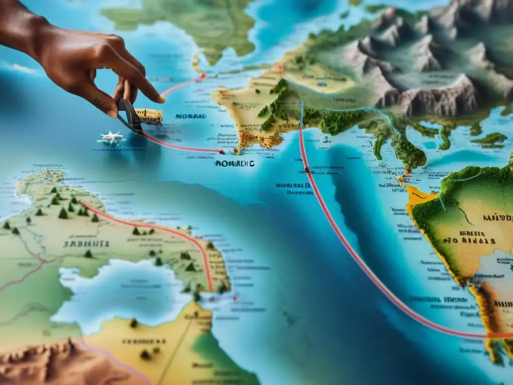 Mapa vintage detallado de rutas de migración nómada, con tribus y paisajes variados