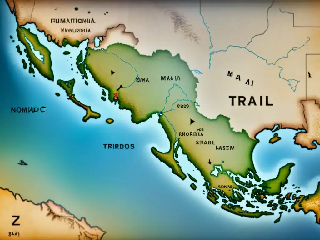 Mapa vintage detallado en 8k de senderos nómadas de tribus guerreras, con símbolos de batallas y territorios