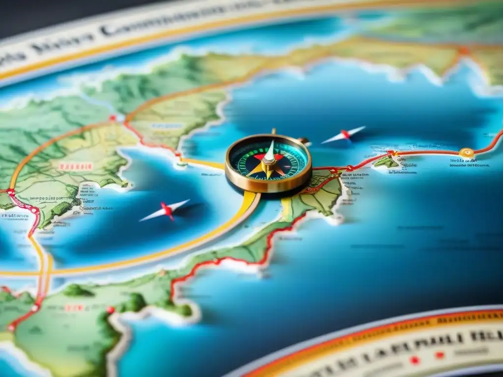 Mapa vintage detallado con senderos coloridos y rosa de los vientos ornamental