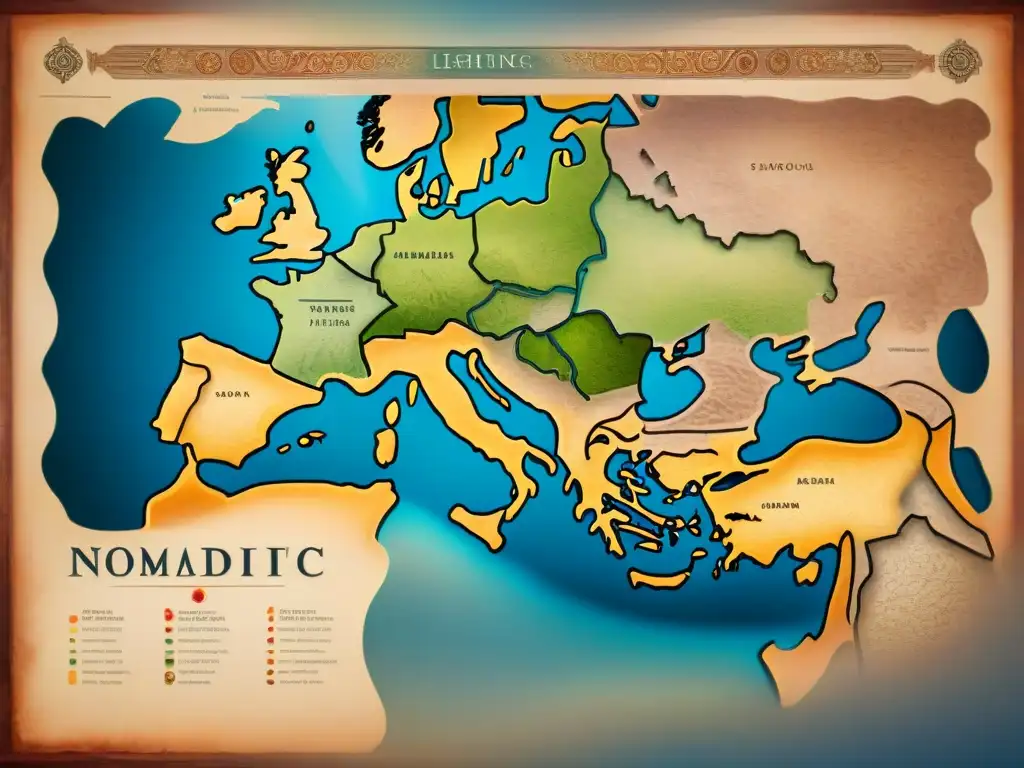 Mapa vintage detallado con símbolos de valores éticos tribus nómadas, envejecido y misterioso