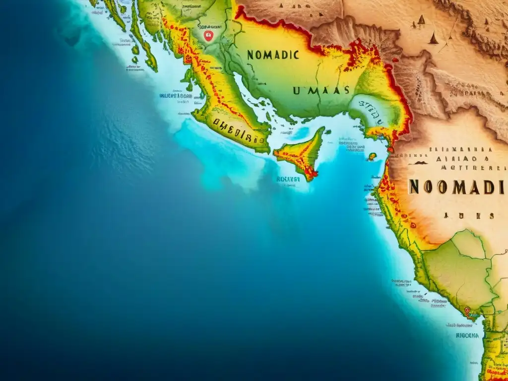 Mapa vintage detallado de territorios de tribus nómadas con rutas migratorias y nomadas montando camellos